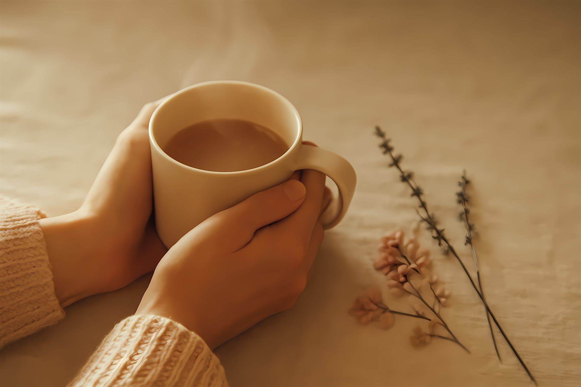 Hands wrapped around a warm cream mug of steaming tea, next to dried florals on a linen tabletop